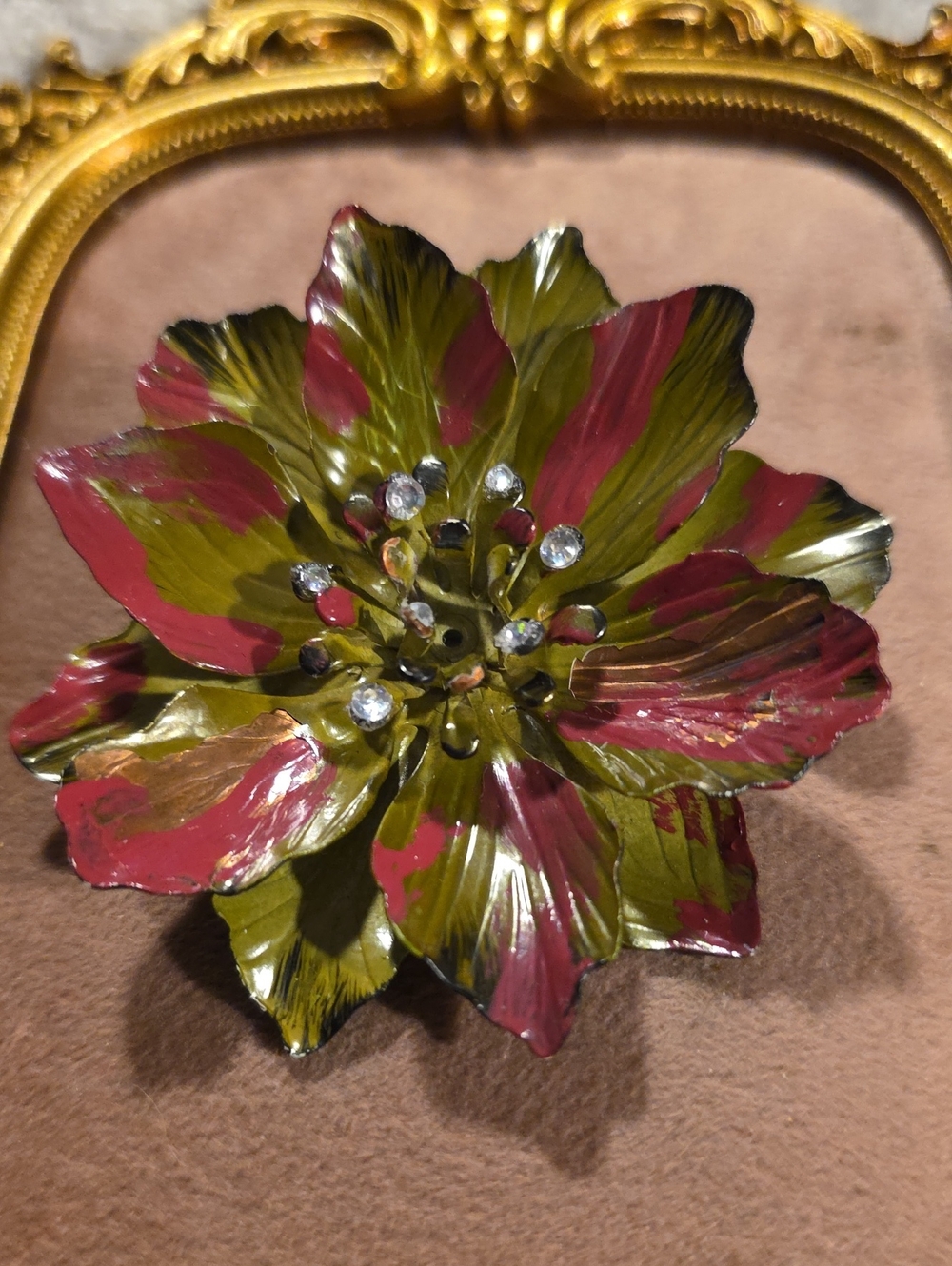 Vtg Mid Century Red Green Enamel Poinsettia Flower Pin Rhinestone Center 2.75"